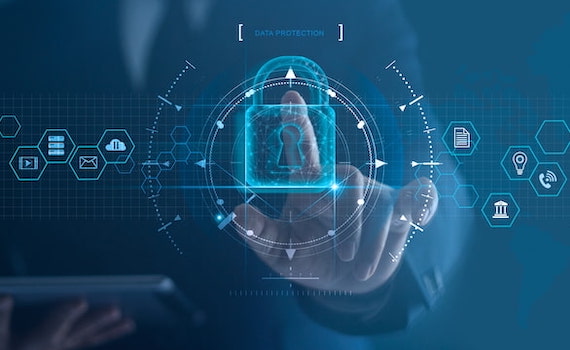 Man wearing a suit touching a virtual lock