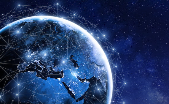 Planet Earth seen from space with a bright net soraunding it 