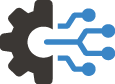 Black and blue icon of a mechnical wheel and cyber nodes