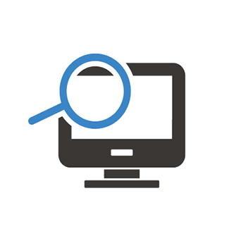 Black and blue desktop computer icon with a magnifying glass next to it