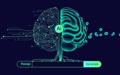 Graphic design image of a neon green brain and an AI prompt below it