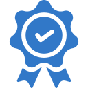 Blue certificate icon with a check mark in it
