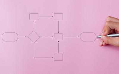 photo of a person drawing a flow chart on a pink background