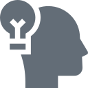 Grey icon of a human silhouette with a lightbulb next to it