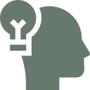 Green icon of a human silhouette with a lightbulb next to it