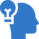 Blue icon of a human silhouette with a lightbulb next to it