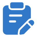 Blue icon of a pen and paper