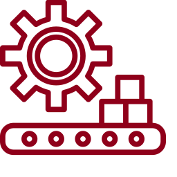 Garnet icon of a conveyor with a cog next to it