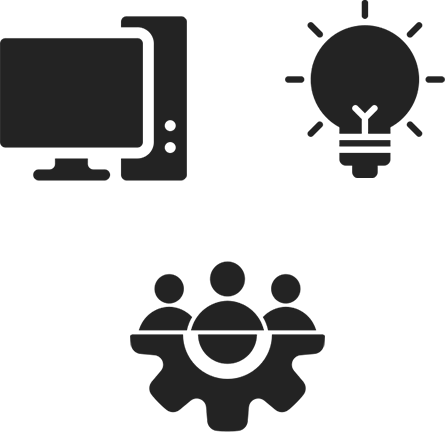 Black Icon images of a laptop, lightbulb and people 
