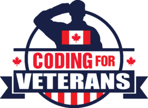 Coding for veterans logo in navy and red with a military man saluting