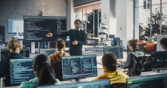 A professor teaching a class of professionals about cyber security